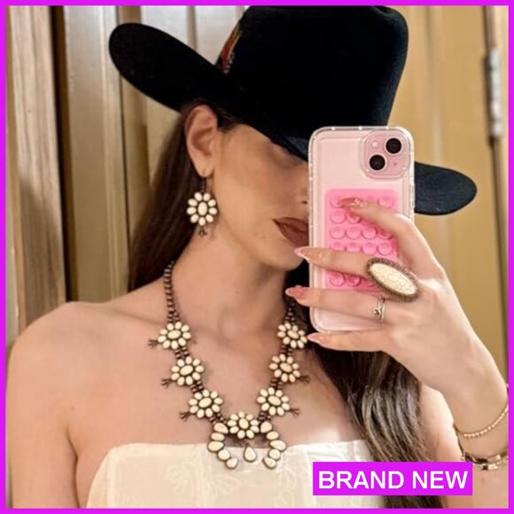 Western Turquoise Jewelry Set Vintage Cowgirl Concho Necklace Earrings - Picture 2 of 7